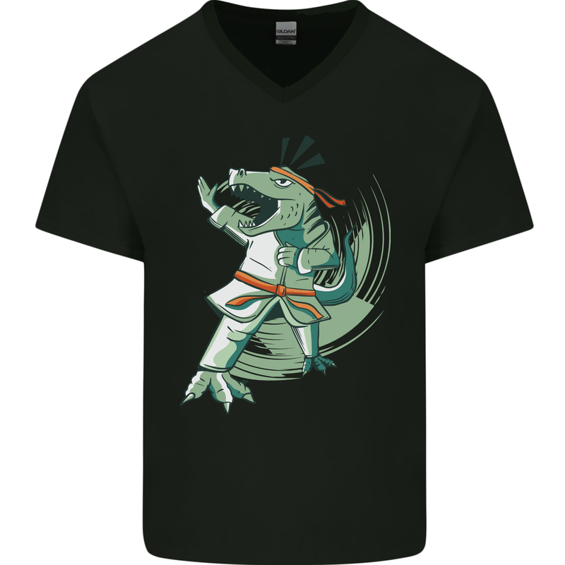 Karate T-Rex Dinosaur Mens V-Neck Cotton T-Shirt Black