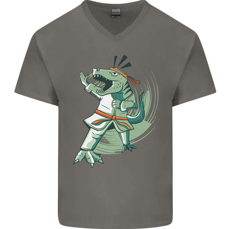 Karate T-Rex Dinosaur Mens V-Neck Cotton T-Shirt Charcoal