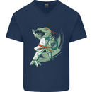 Karate T-Rex Dinosaur Mens V-Neck Cotton T-Shirt Navy Blue