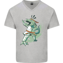 Karate T-Rex Dinosaur Mens V-Neck Cotton T-Shirt Sports Grey