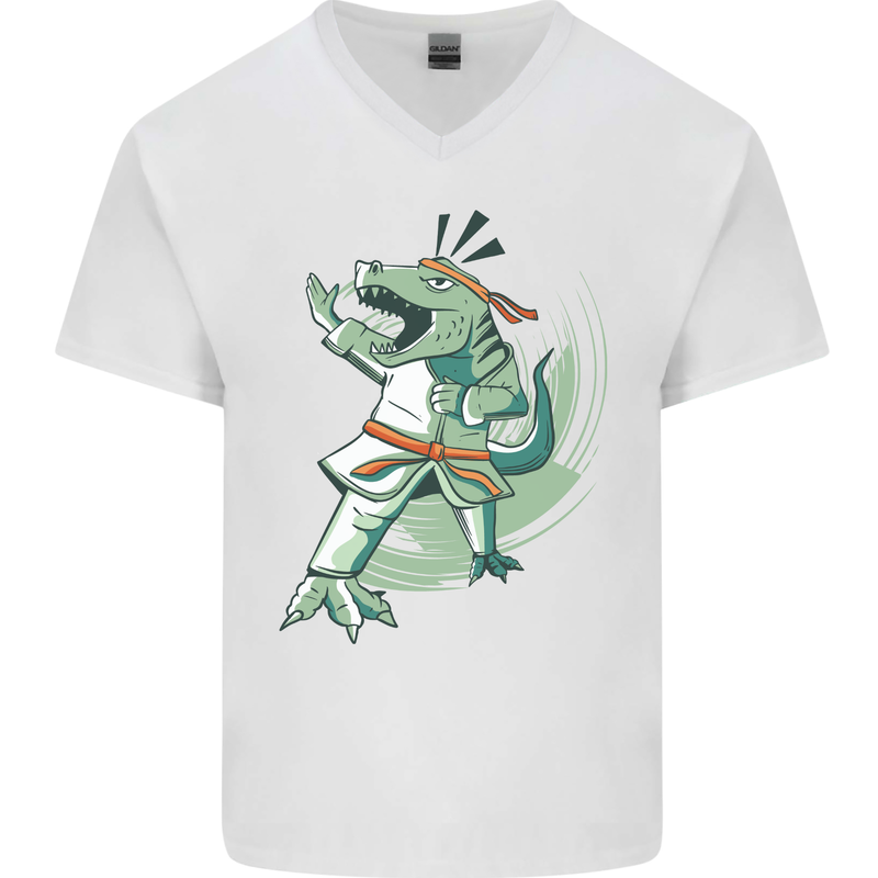 Karate T-Rex Dinosaur Mens V-Neck Cotton T-Shirt White