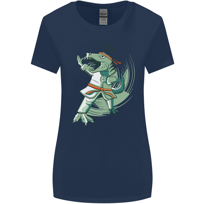 Karate T-Rex Dinosaur Womens Wider Cut T-Shirt Navy Blue