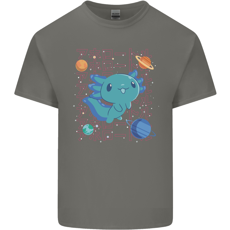 Kawaii Axolotl in Space Mens Cotton T-Shirt Tee Top Charcoal