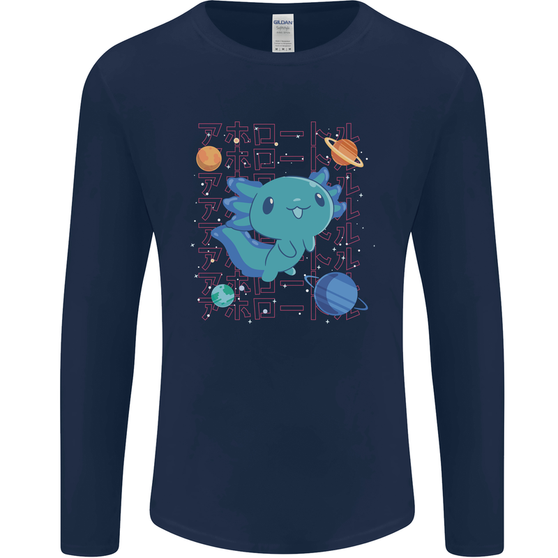 Kawaii Axolotl in Space Mens Long Sleeve T-Shirt Navy Blue