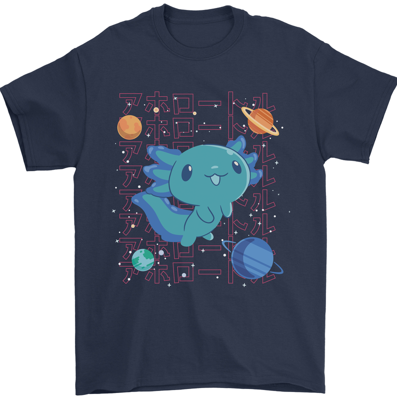 Kawaii Axolotl in Space Mens T-Shirt 100% Cotton Navy Blue