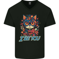 Kawaii Cat Mens V-Neck Cotton T-Shirt Black
