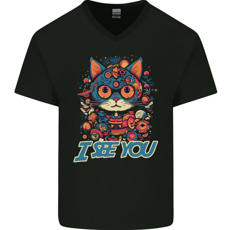 Kawaii Cat Mens V-Neck Cotton T-Shirt Black
