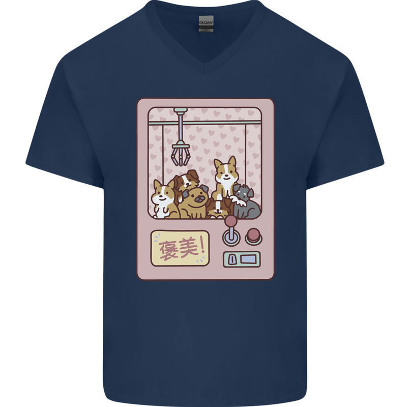 Kawaii Dog Machine Puppy Mens V-Neck Cotton T-Shirt Navy Blue