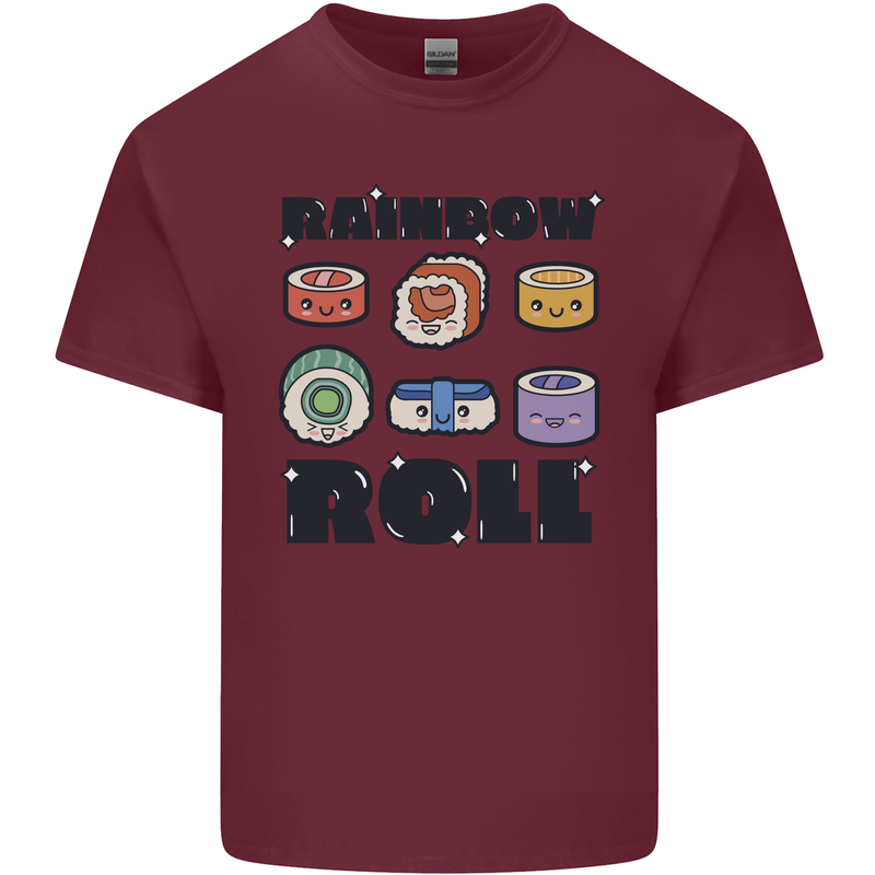 Kawaii Sushi Rainbow Roll Fish Mens Cotton T-Shirt Tee Top Maroon