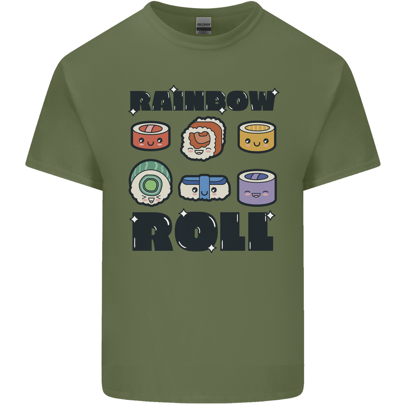 Kawaii Sushi Rainbow Roll Fish Mens Cotton T-Shirt Tee Top Military Green