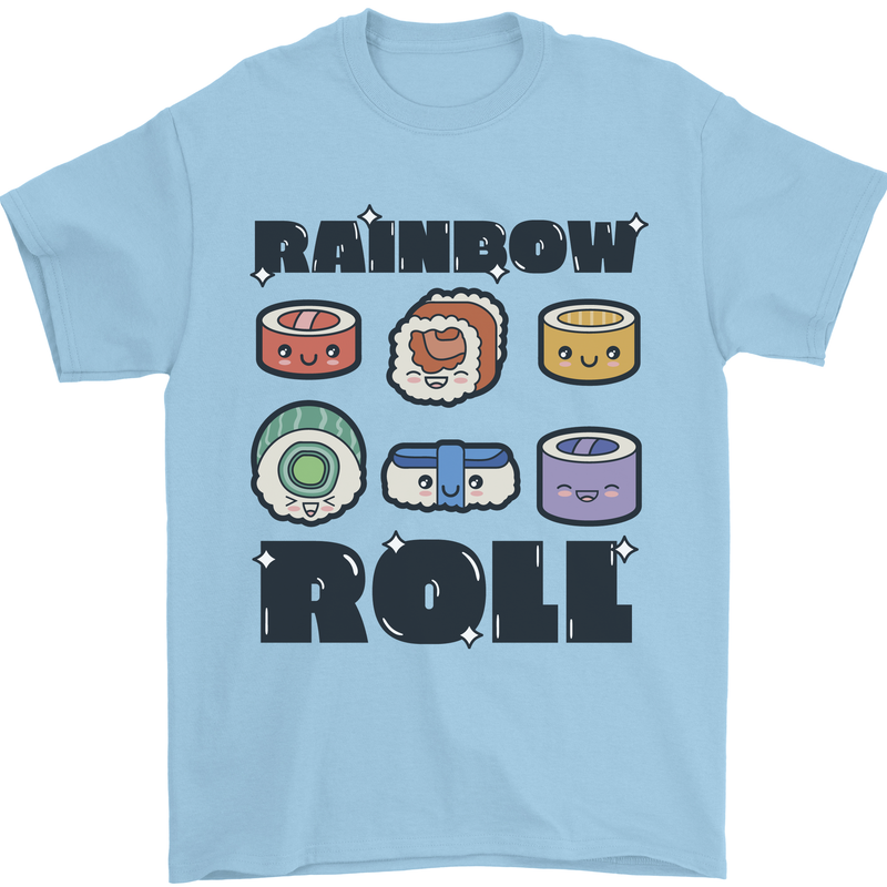 Kawaii Sushi Rainbow Roll Fish Mens T-Shirt 100% Cotton Light Blue