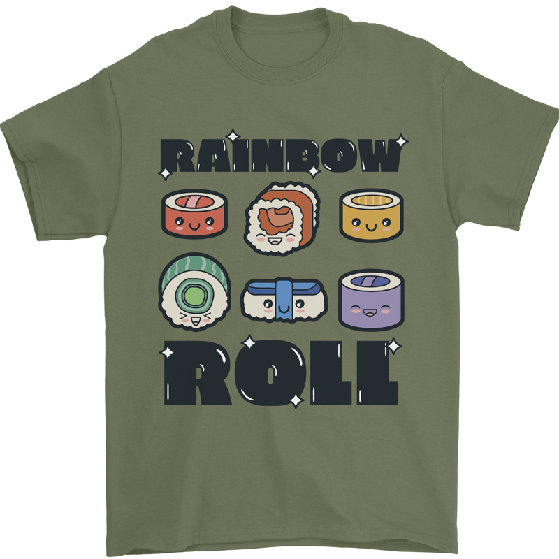 Kawaii Sushi Rainbow Roll Fish Mens T-Shirt 100% Cotton Military Green