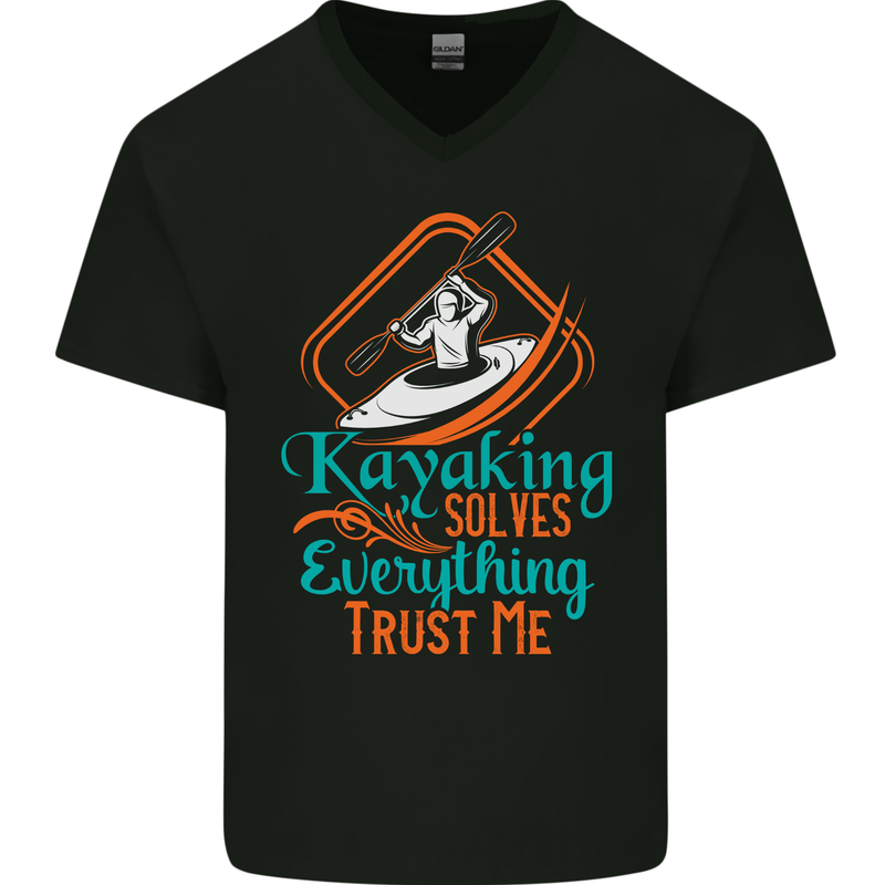 Kayaking Solves Everything Funny Kayak Mens V-Neck Cotton T-Shirt Black