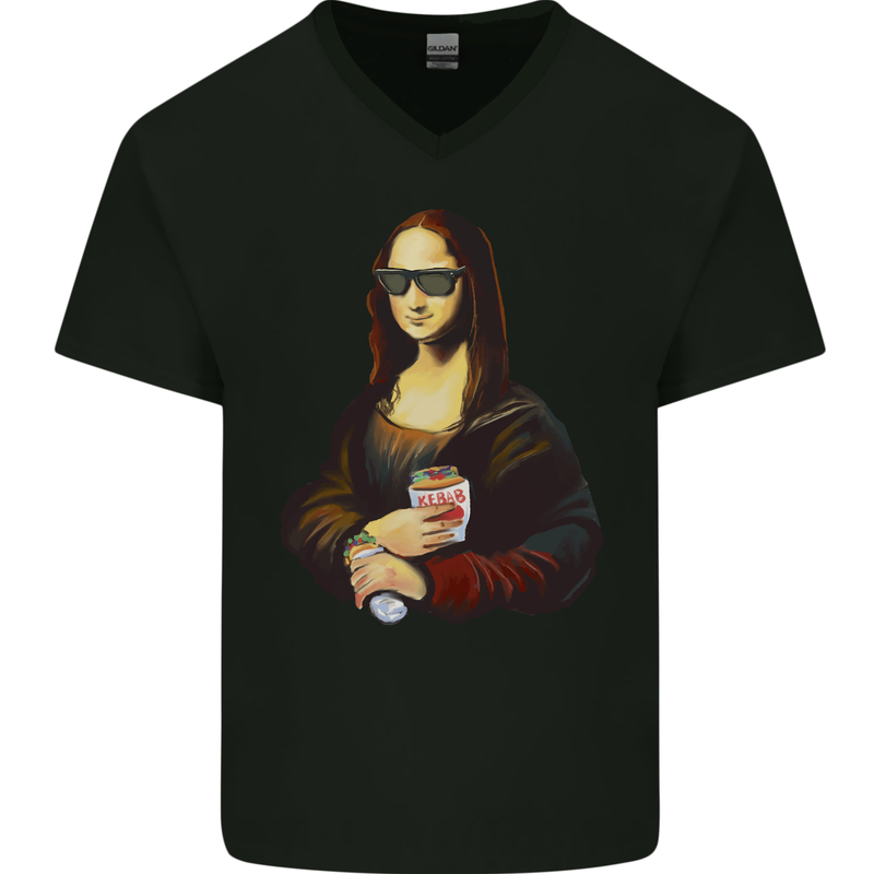 Kebab Mona Lisa Funny Food Mens V-Neck Cotton T-Shirt Black