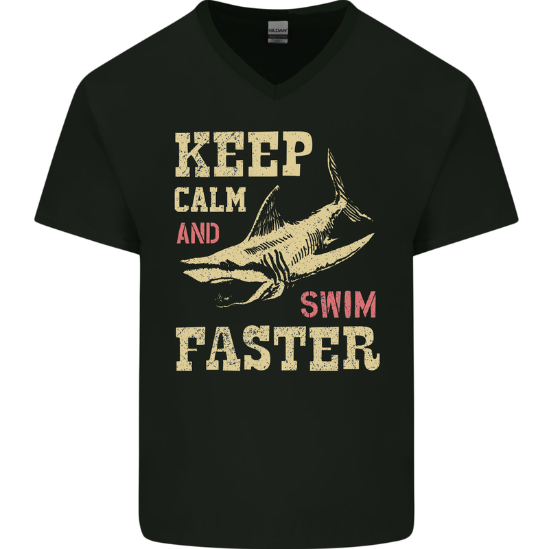 Keep Calm Funny Scuba Diving Shark Diver Swim Mens V-Neck Cotton T-Shirt Black