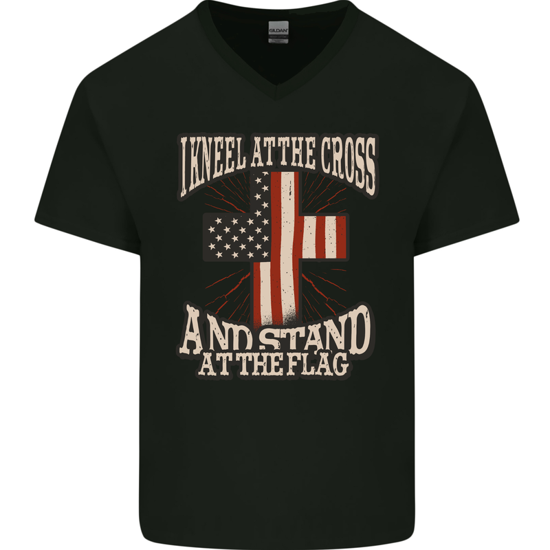 Kneel at the Cross Christian USA Flag Jesus God Mens V-Neck Cotton T-Shirt Black