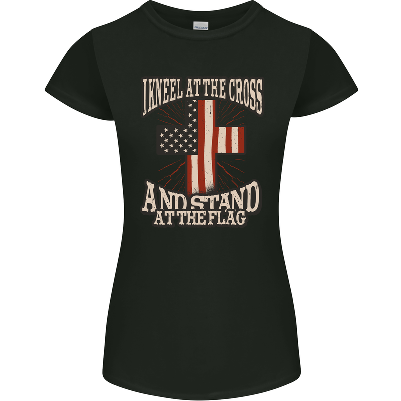 Kneel at the Cross Christian USA Flag Jesus God Womens Petite Cut T-Shirt Black