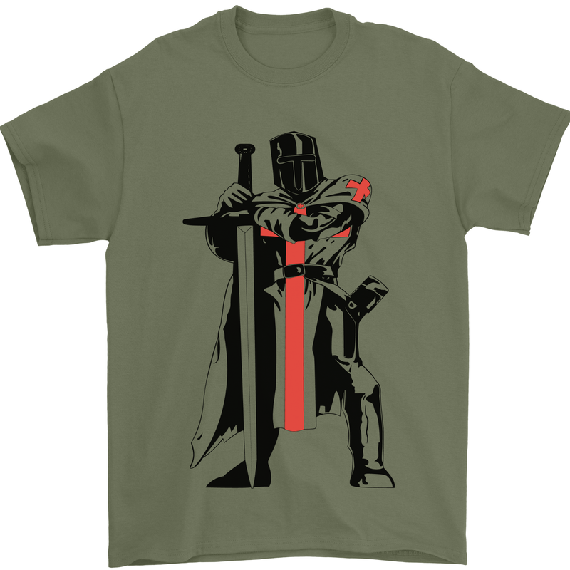 Knights Templar With Broad Sword Mens T-Shirt 100% Cotton Military Green