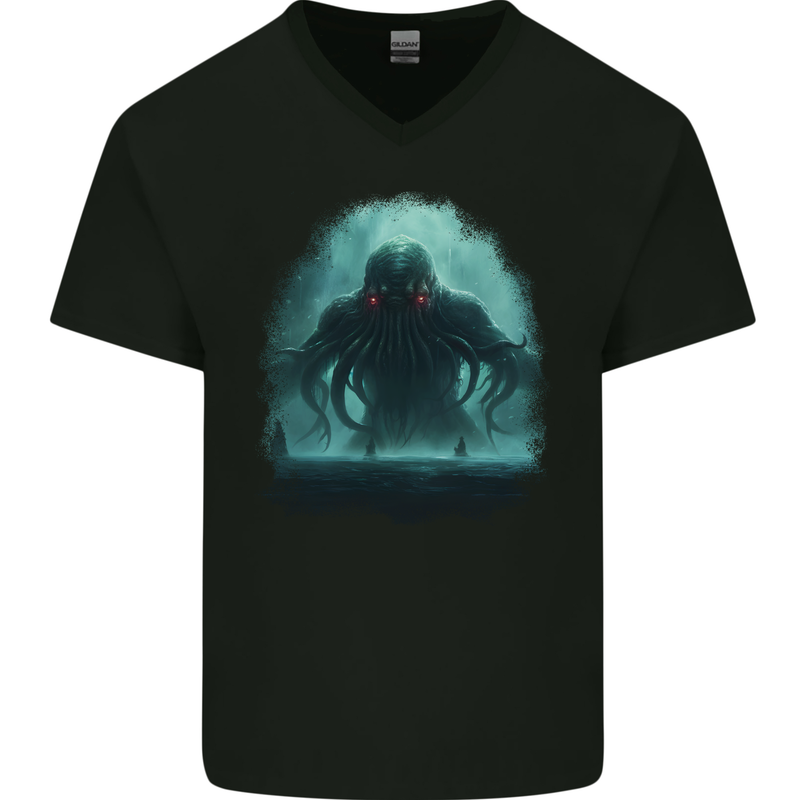 Kraken Sea Monster Cthulhu Mythology Mens V-Neck Cotton T-Shirt Black