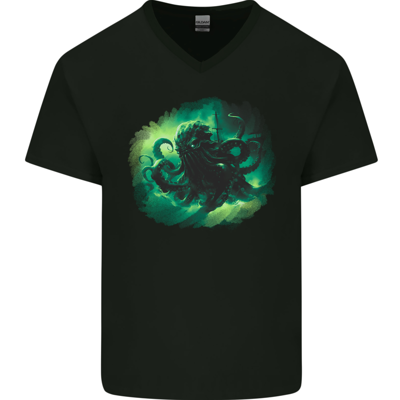 Kraken and Ship Mens V-Neck Cotton T-Shirt Black