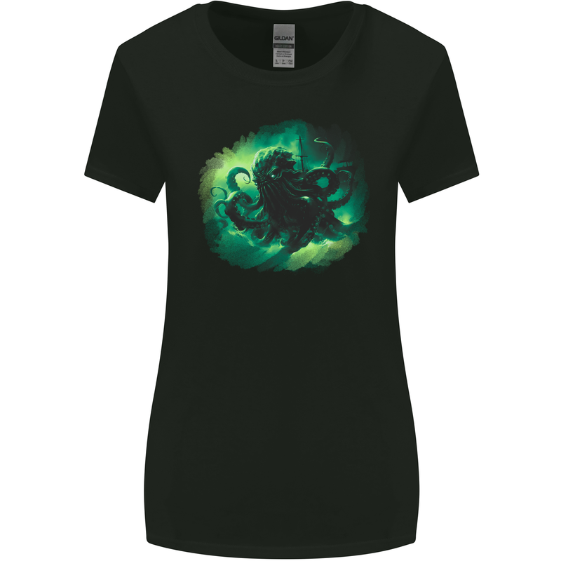 Kraken and Ship Womens Wider Cut T-Shirt Black