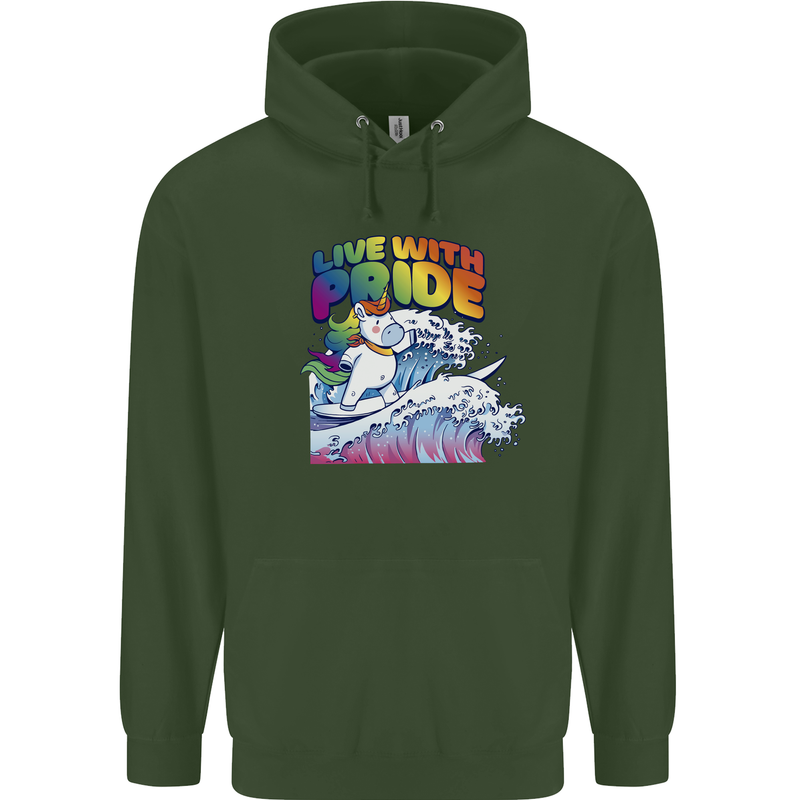 LGBT Live With Pride Unicorn Gay Pride Awareness Childrens Kids Hoodie Forest Green