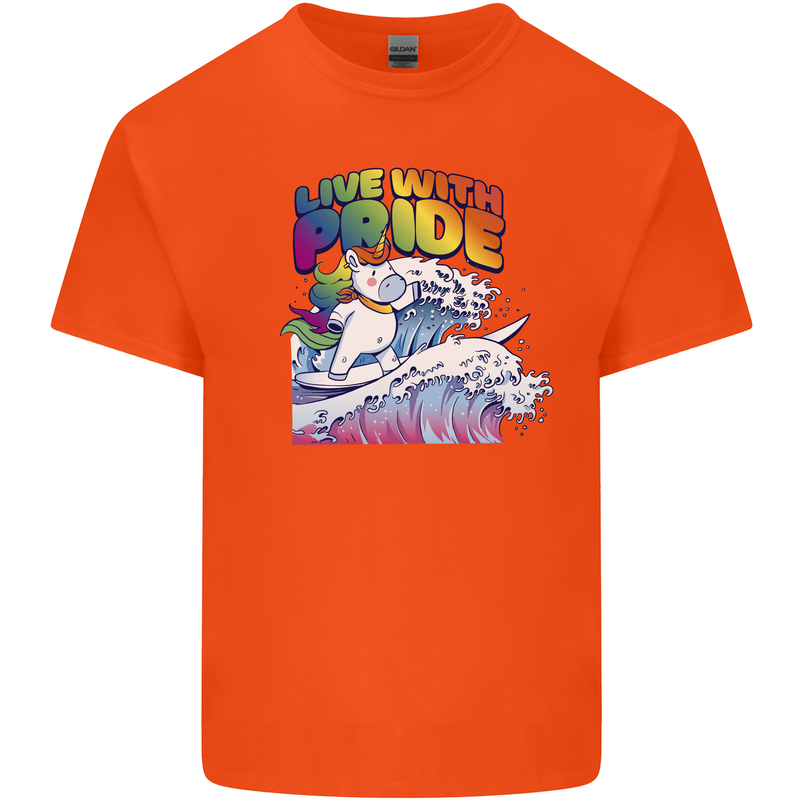 LGBT Live With Pride Unicorn Gay Pride Awareness Mens Cotton T-Shirt Tee Top Orange