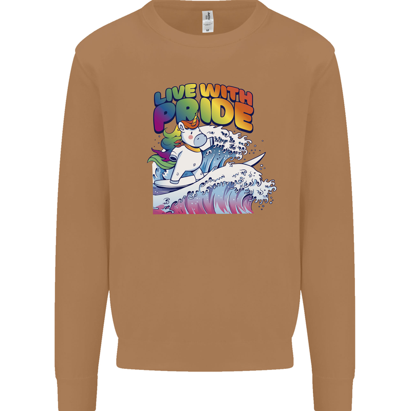 LGBT Live With Pride Unicorn Gay Pride Awareness Mens Sweatshirt Jumper Caramel Latte