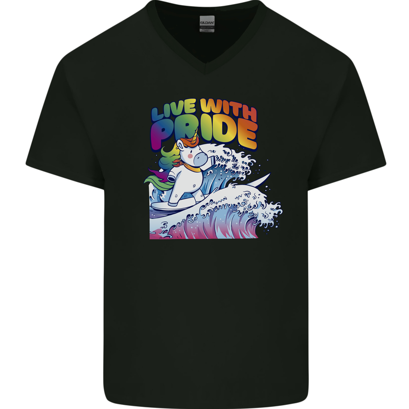 LGBT Live With Pride Unicorn Gay Pride Awareness Mens V-Neck Cotton T-Shirt Black