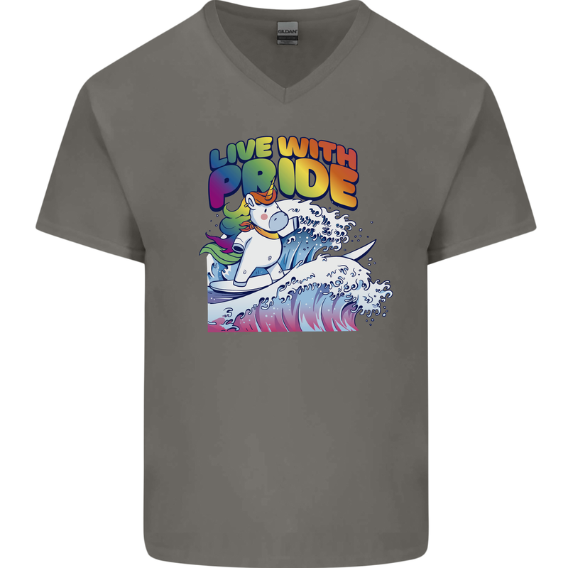 LGBT Live With Pride Unicorn Gay Pride Awareness Mens V-Neck Cotton T-Shirt Charcoal