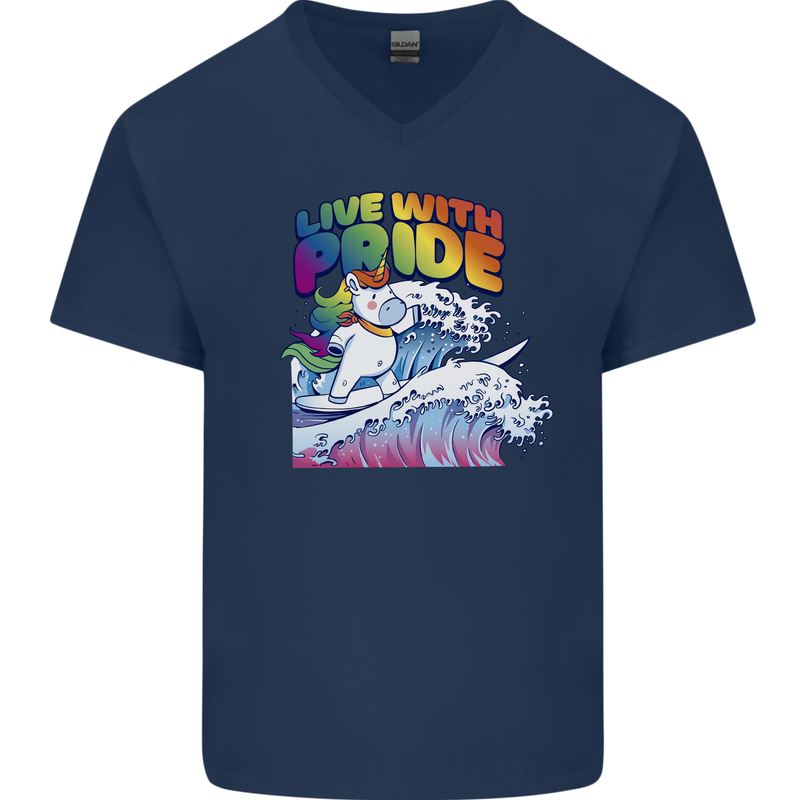 LGBT Live With Pride Unicorn Gay Pride Awareness Mens V-Neck Cotton T-Shirt Navy Blue