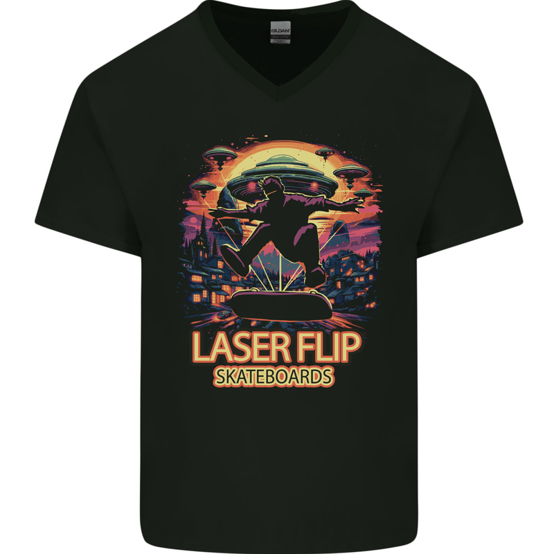 Laserflip Skateboards Skateboarder UFO Alien Mens V-Neck Cotton T-Shirt Black