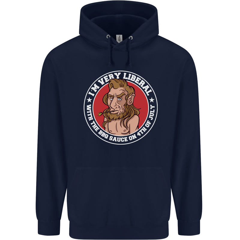 Liberal BBQ Funny 4th of July USA Grill Mens 80% Cotton Hoodie Navy Blue