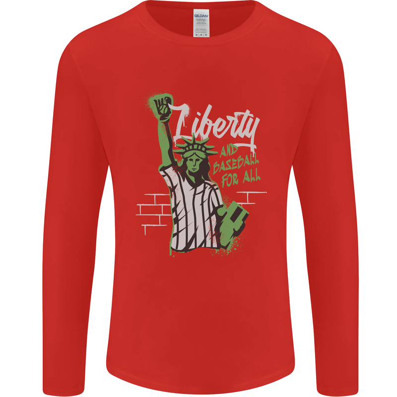 Liberty and Baseball Mens Long Sleeve T-Shirt Red