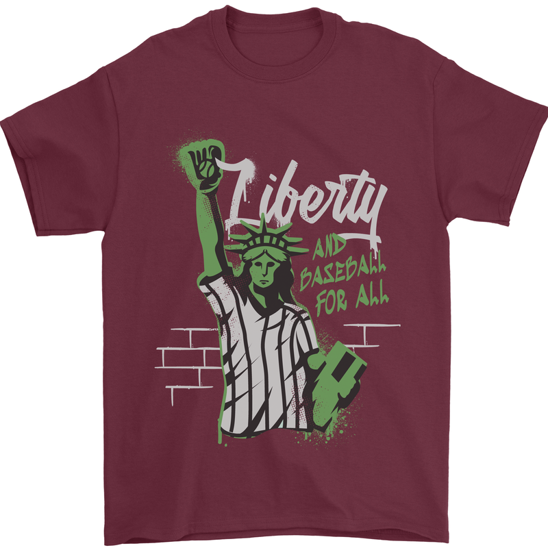 Liberty and Baseball Mens T-Shirt 100% Cotton Maroon