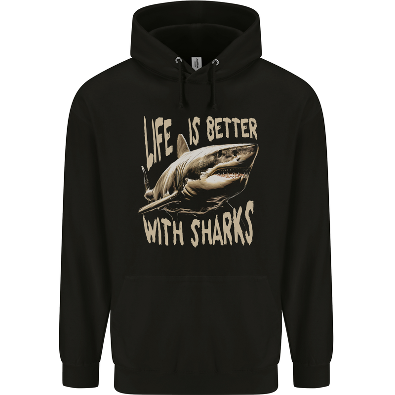 Life is Better With Sharks Mens 80% Cotton Hoodie Black