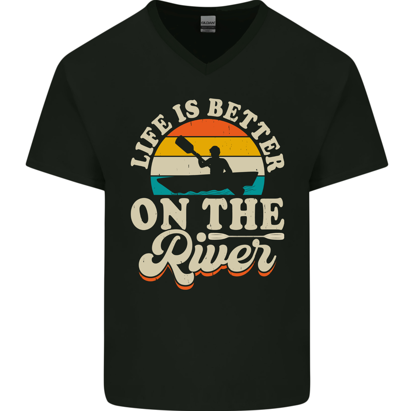 Life is Better on the River Kayak Kayaking Canoe Mens V-Neck Cotton T-Shirt Black