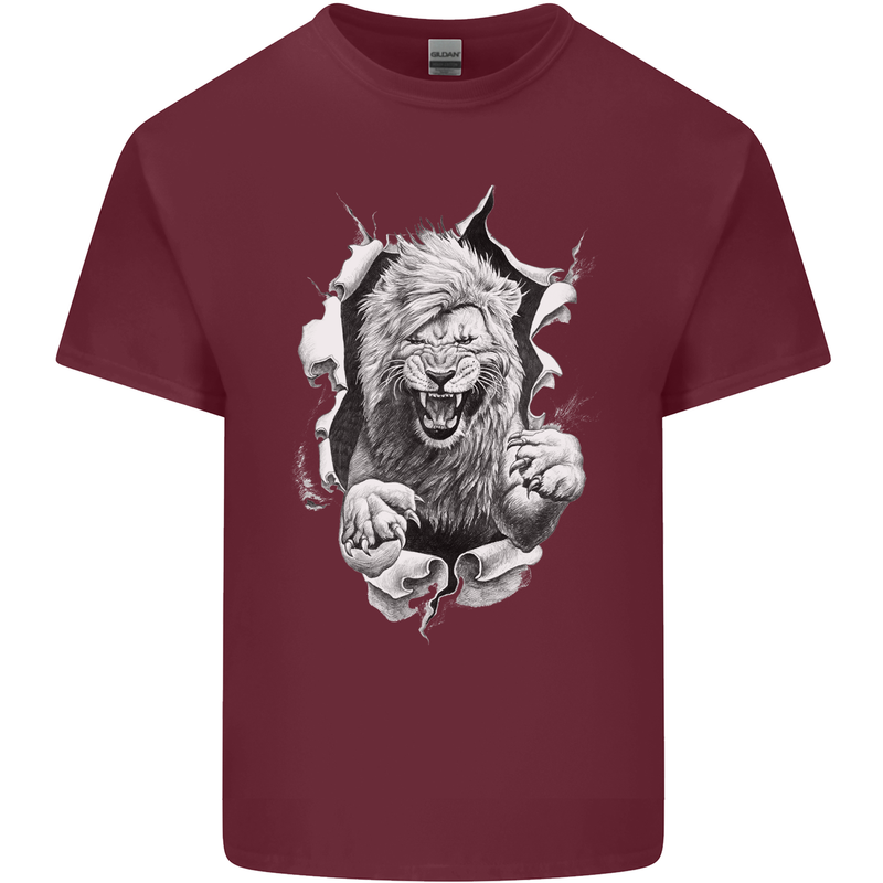 Lion Ripping Through the Fabric Mens Cotton T-Shirt Tee Top Maroon