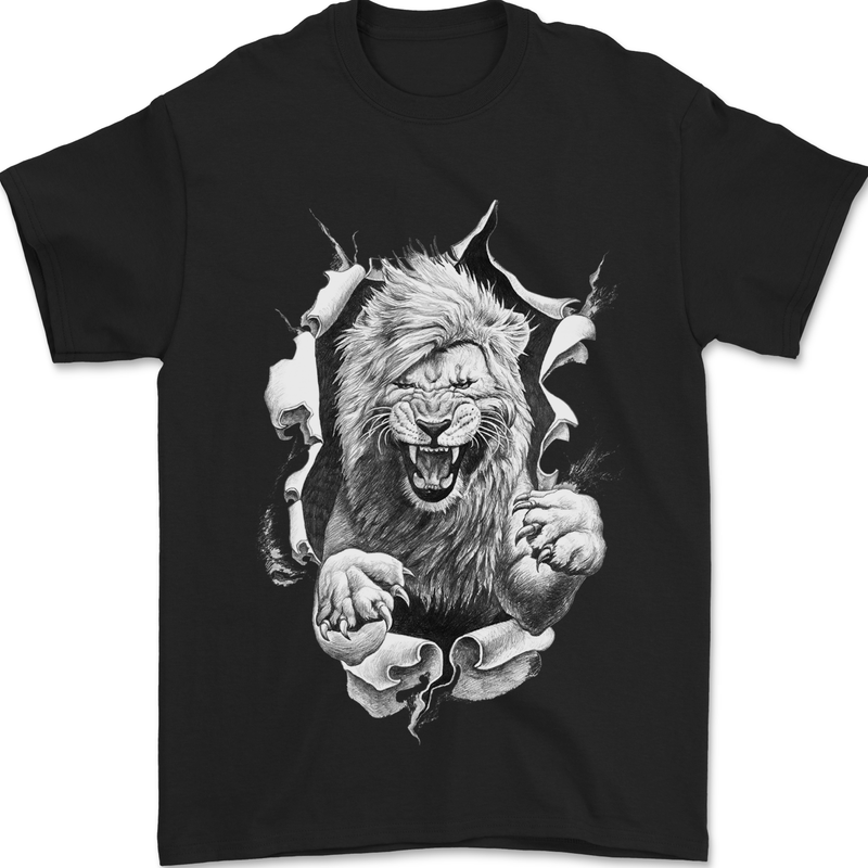 Lion Ripping Through the Fabric Mens T-Shirt 100% Cotton Black