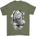 Lion Ripping Through the Fabric Mens T-Shirt 100% Cotton Military Green