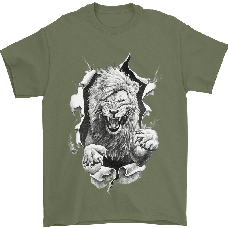 Lion Ripping Through the Fabric Mens T-Shirt 100% Cotton Military Green