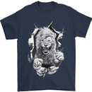 Lion Ripping Through the Fabric Mens T-Shirt 100% Cotton Navy Blue