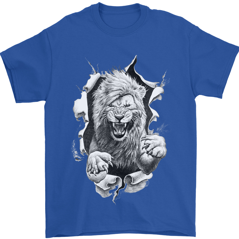 Lion Ripping Through the Fabric Mens T-Shirt 100% Cotton Royal Blue