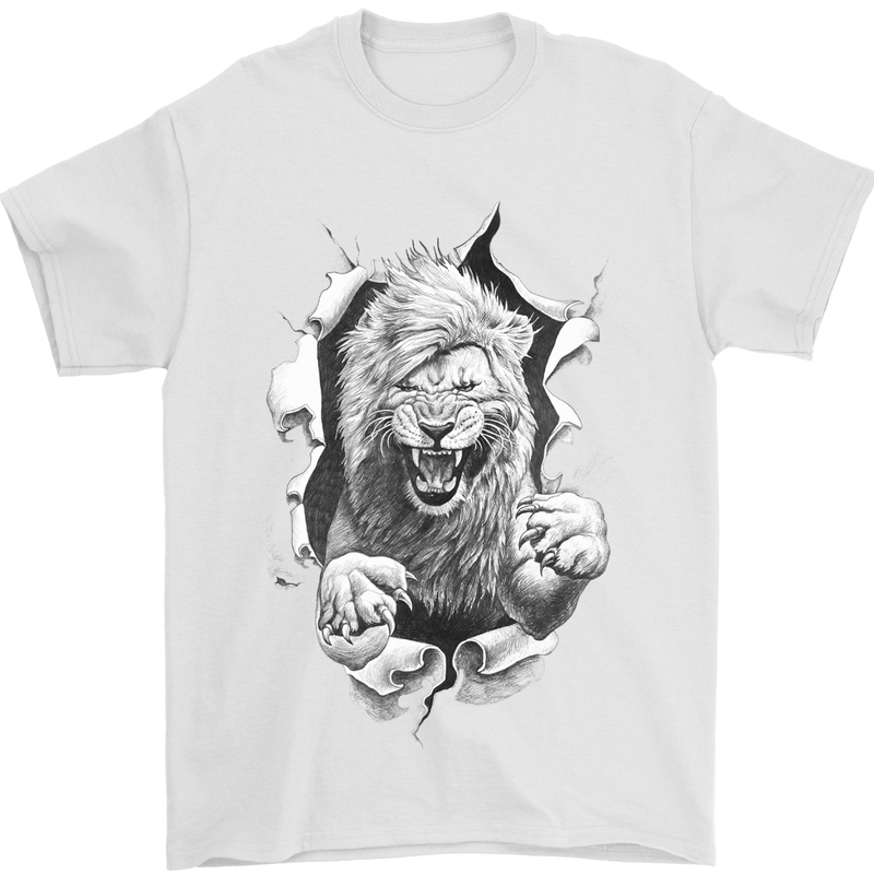 Lion Ripping Through the Fabric Mens T-Shirt 100% Cotton White