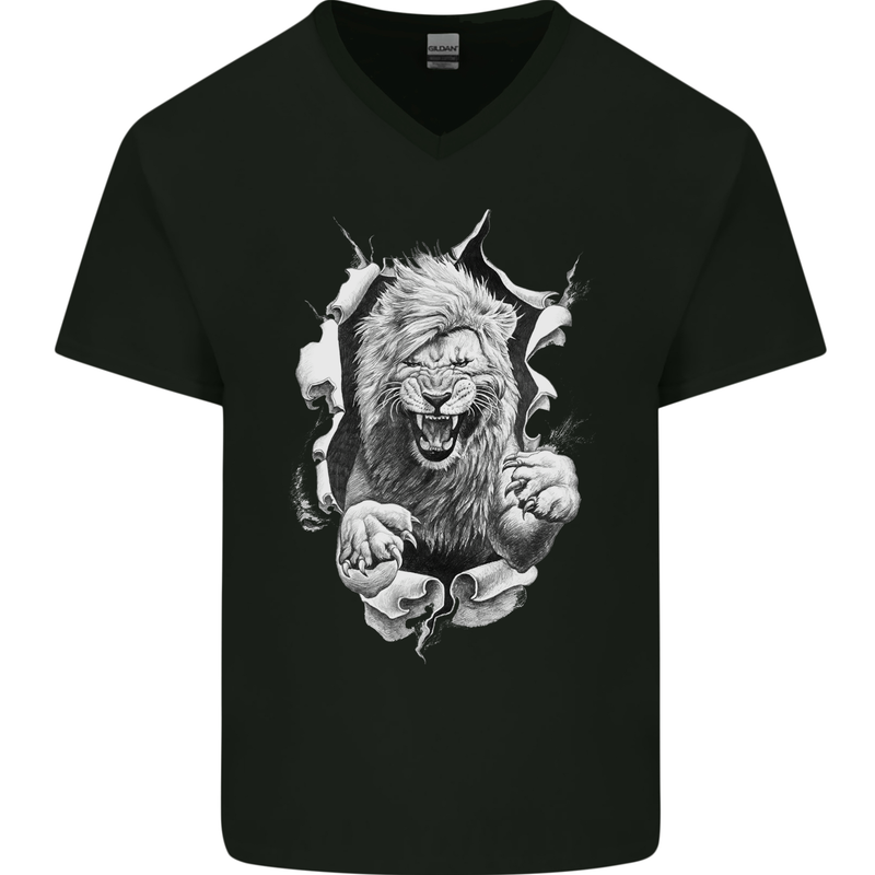 Lion Ripping Through the Fabric Mens V-Neck Cotton T-Shirt Black