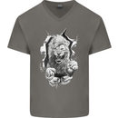 Lion Ripping Through the Fabric Mens V-Neck Cotton T-Shirt Charcoal