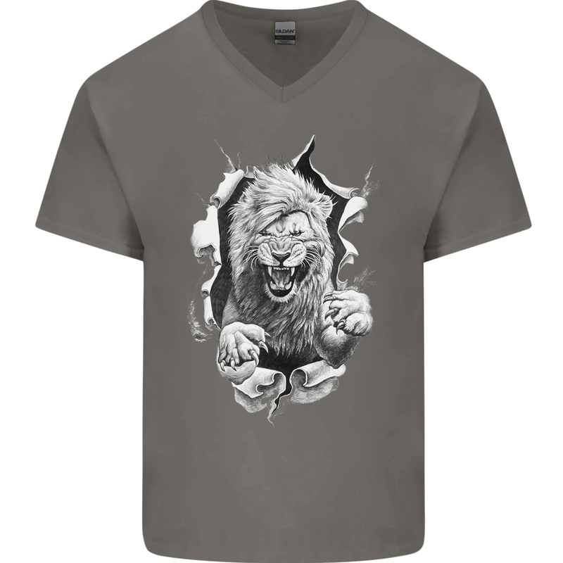 Lion Ripping Through the Fabric Mens V-Neck Cotton T-Shirt Charcoal