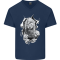 Lion Ripping Through the Fabric Mens V-Neck Cotton T-Shirt Navy Blue