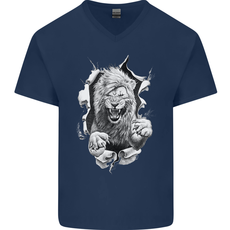 Lion Ripping Through the Fabric Mens V-Neck Cotton T-Shirt Navy Blue