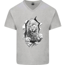 Lion Ripping Through the Fabric Mens V-Neck Cotton T-Shirt Sports Grey